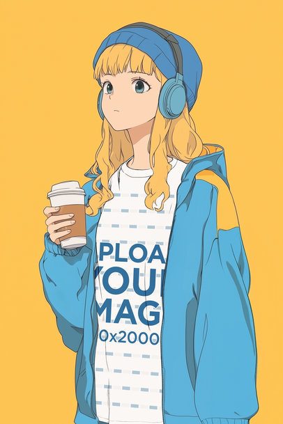 T-Shirt Mockup of an AI-Generated Young Anime Woman With Headphones Posing in a Studio m56456