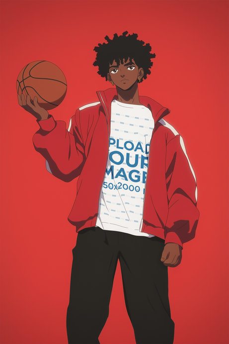 T-Shirt Mockup Featuring an AI-Created Anime Man Holding a Basketball
