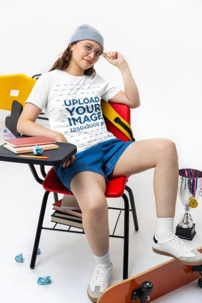 Bella Canvas T-Shirt Mockup Featuring a Young Woman Student Posing in a School Classroom Set
