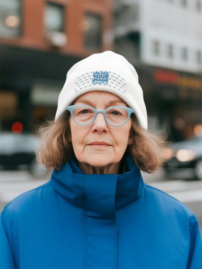 Beanie Mockup Featuring an AI-Created Senior Woman Posing Against Some Buildings
