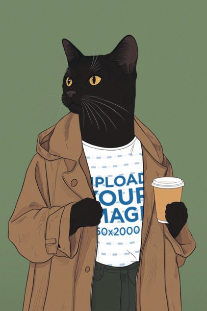 T-Shirt Mockup of an AI-Generated Cat Illustration Standing in a Studio