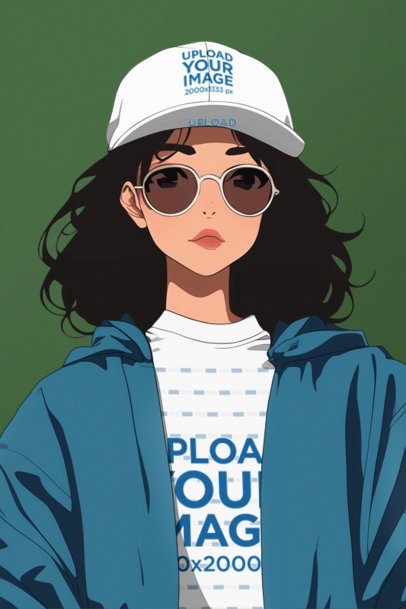 T-Shirt Mockup Featuring an AI-Created Anime Woman Wearing a Dad Hat in a Studio m52198
