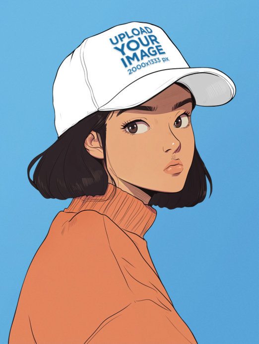 Embroidered Dad Hat Mockup of an AI-Generated Anime Woman Posing in a Colorful Setting
