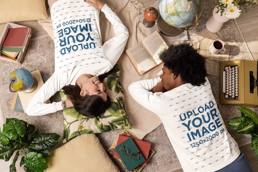 Comfort Colors Long-Sleeve Tee Mockup of a Happy Couple Lying on a Chilling Spot
