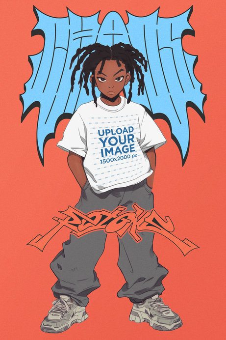 T-Shirt Mockup of an AI-Generated Teenage Girl Anime With a Street Culture-Styled Look