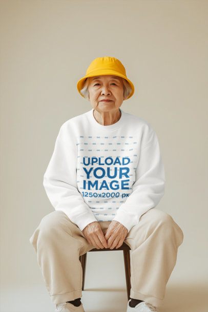 Sweatshirt Mockup of an AI-Generated Senior Woman Sitting on a Stool in a Studio m54883
