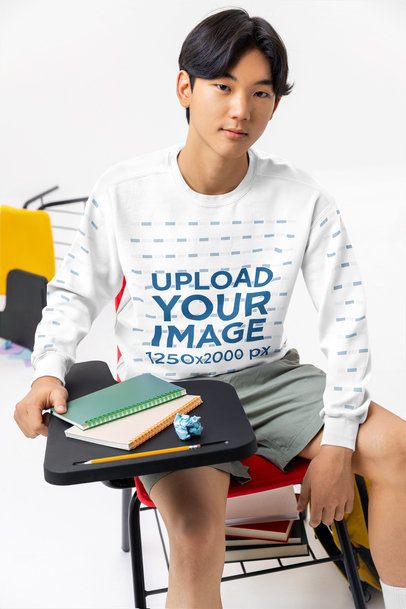 Comfort Colors Sweatshirt Mockup of a Young Student Looking Serious in a School Classroom Setting