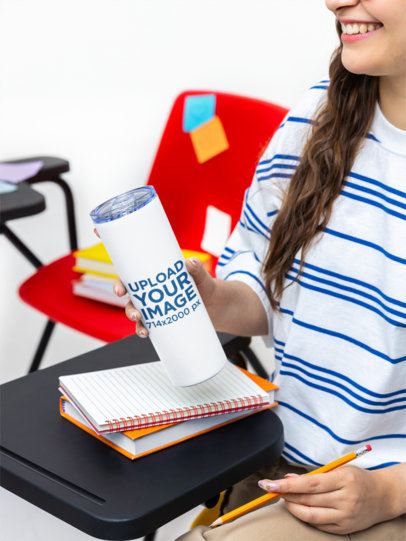 Back-To-School Mockup Featuring a Smiling Young Woman With a Skinny Tumbler m57200
