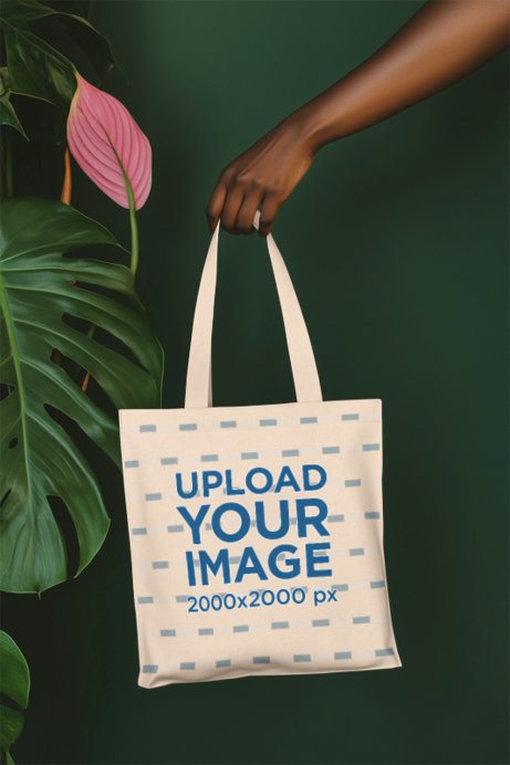 AI-Created Mockup Featuring a Woman's Hand Holding a Sublimated Tote Bag