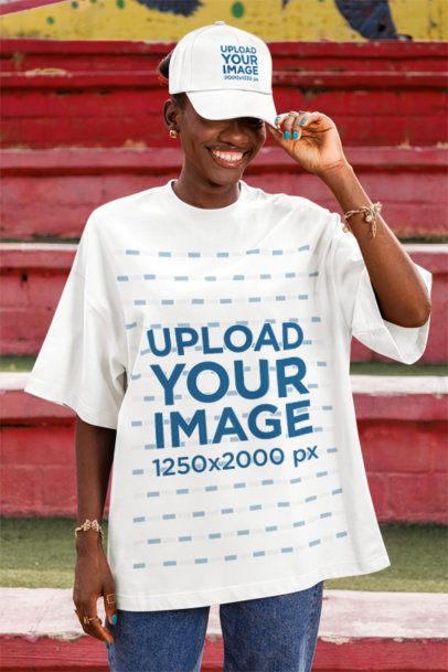 Dad Hat Mockup of a Cheerful Woman Posing in the Street While Wearing an Oversized T-Shirt