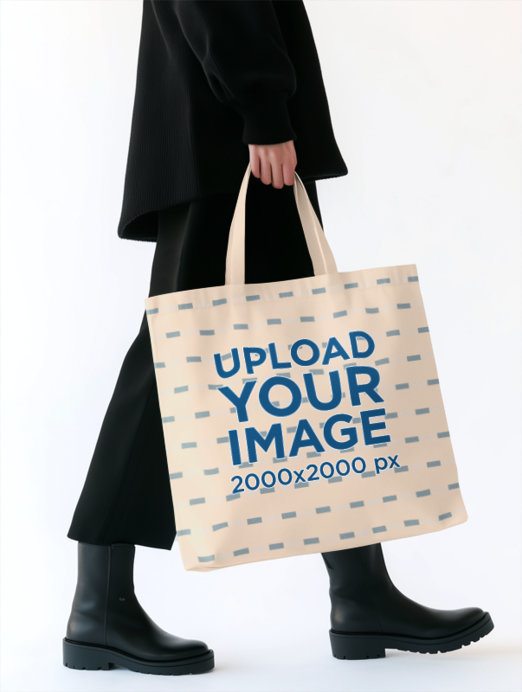 Tote Bag Mockup Featuring an AI-Created Person Walking in a Studio With a Dark Suit