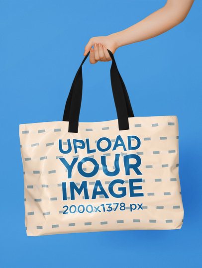 Mockup of an AI-Generated Woman's Hand Holding a Tote Bag Against a Colorful Background