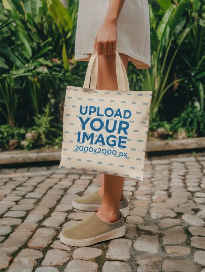 Tote Bag Mockup Featuring an AI-Created Woman Standing in a Park