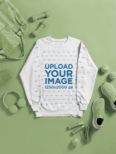 Comfort Colors Mockup Featuring a Sweatshirt Placed on a Colorful Backdrop With Fitness Objects m57266