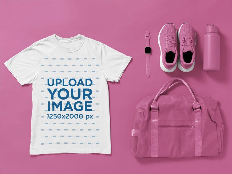 Comfort Colors Mockup of a T-Shirt Lying on a Surface With Fitness Stuff
