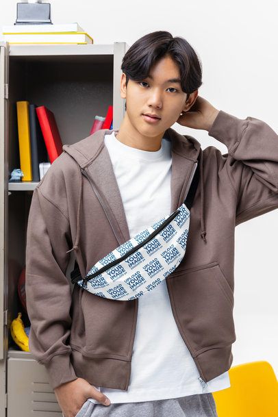 Mockup of a Young Man Carrying a Sublimated Fanny Pack in a School Setting