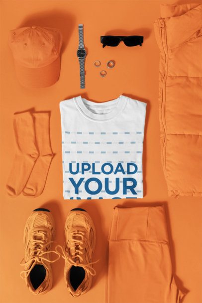 Comfort Colors Mockup of a T-Shirt Lying in a Solid-Color Backdrop With Fitness Accessories m57250
