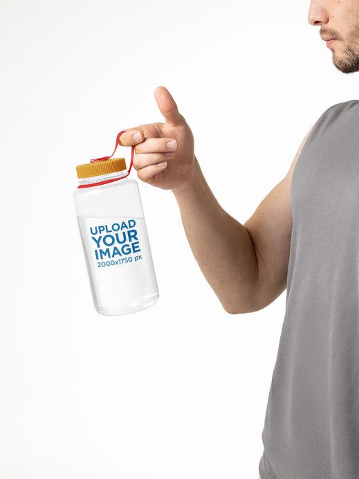 Mockup of a Fitness Man Holding a Nalgene Water Bottle From the Strap