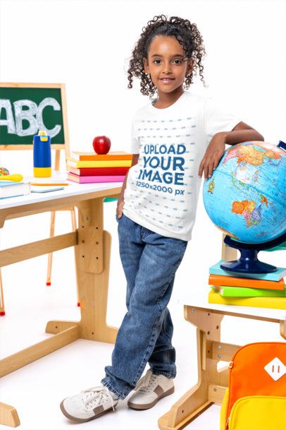 Bella Canvas T-Shirt Mockup Featuring a Happy Girl Leaning on a Globe in a School Setting