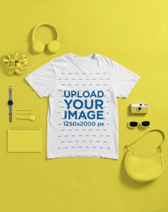 Mockup of a Comfort Colors Tee Lying on a Bright-Color Background With Daily Objects