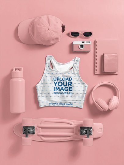 Mockup of a Fully Lined Sports Bra Lying on a Colorful Surface With Daily Items m57264