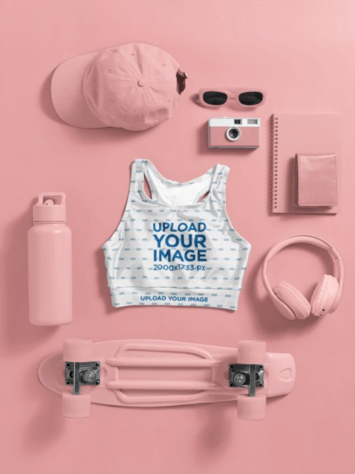 Mockup of a Fully Lined Sports Bra Lying on a Colorful Surface With Daily Items