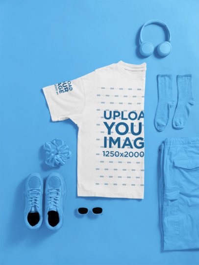 Mockup of an Oversized T-Shirt Lying on a Solid-Color Surface With Garments and Accessories