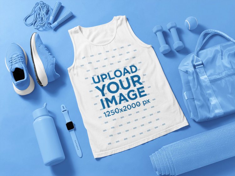 Comfort Colors Mockup Featuring a Tank Top Lying With Fitness Stuff