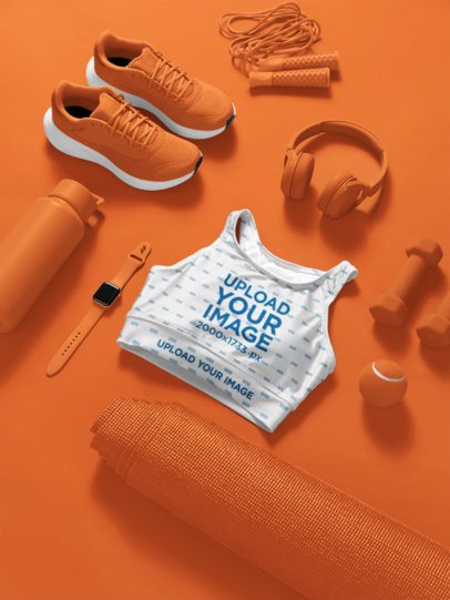 Fitness Mockup of a Fully Lined Sports Bra Lying on a Solid-Color Surface With Sporty Items m57269