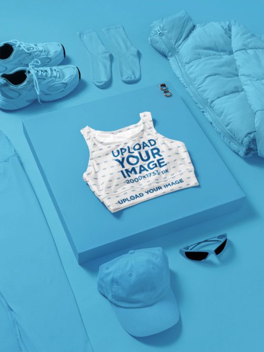 Sublimated Sports Bra Mockup Featuring a Colorful Background With Daily Objects