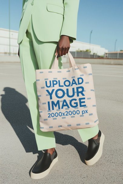 Mockup of a Stylish AI-Generated Woman Holding a Tote Bag in the Street