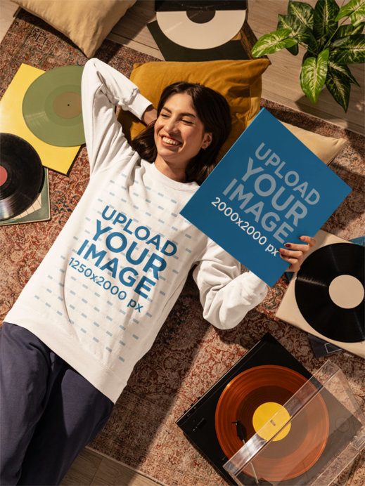 Comfort Colors Sweatshirt Mockup of a Smiling Woman Lying on the Floor With a Vinyl