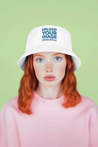 Embroidered Bucket Hat Mockup of an AI-Generated Woman Posing in a Studio With a Serious Look