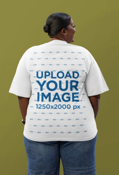 Back-View Oversized T-Shirt Mockup Featuring a Woman Standing Against a Customizable Background