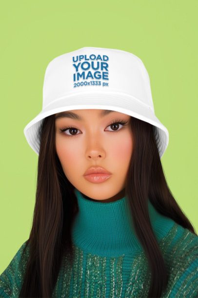 Bucket Hat Mockup Featuring an AI-Created Woman Posing Against a Studio