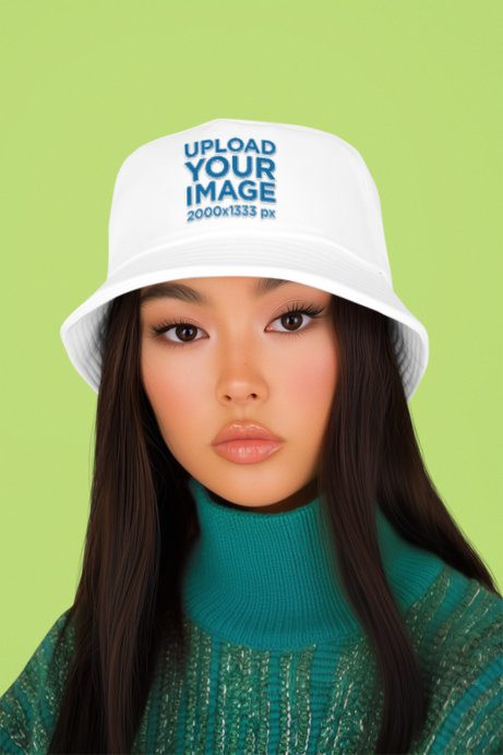 Bucket Hat Mockup Featuring an AI-Created Woman Posing Against a Studio