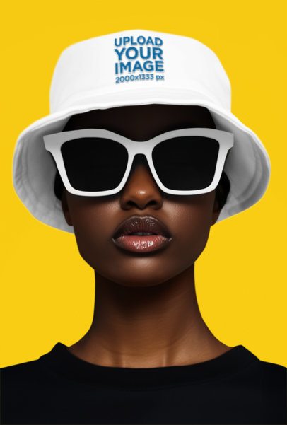 Mockup of an AI-Generated Stylish Woman Wearing a Bucket Hat in a Studio