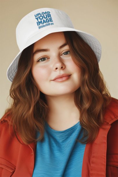 Embroidered Bucket Hat Mockup Featuring an AI-Created Woman Posing With a Happy Look in a Studio