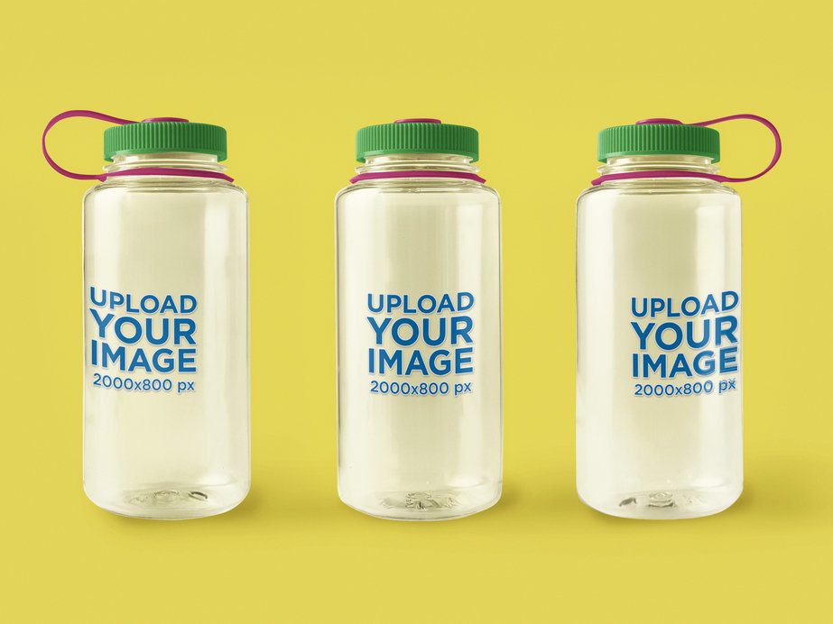 Nalgene Mockup Featuring Three Water Bottles Placed Against a Colorful Background