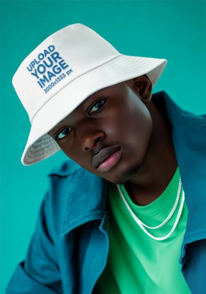 Embroidered Bucket Hat Mockup Featuring an AI-Created Man With a Necklace Posing in a Studio