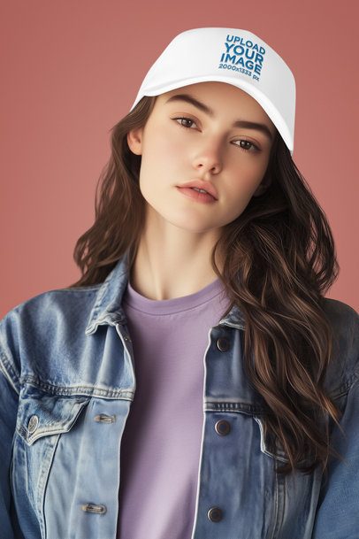 Dad Hat Mockup of an AI-Generated Woman Posing Against a Customizable Backdrop