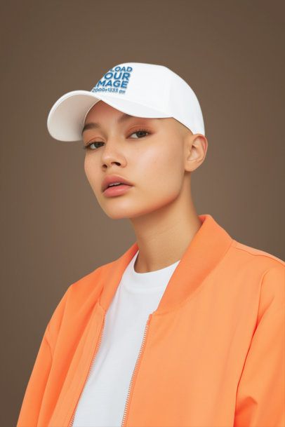 Dad Hat Mockup Featuring an AI-Created Woman Posing Against a Customizable Background