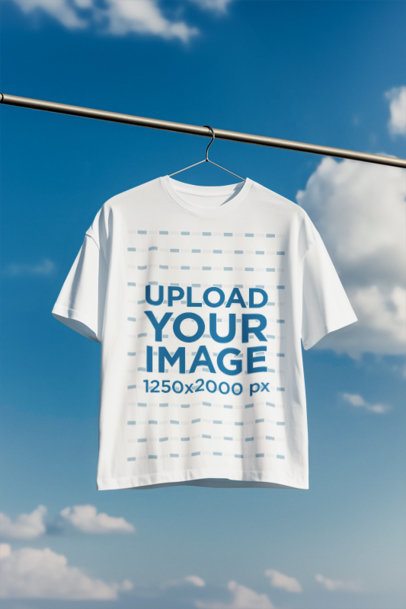 Mockup of an AI-Generated T-Shirt Placed on a Hanger Against the Sky m54333