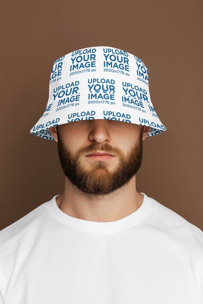 AI-Created Mockup Featuring a Bearded Man Covering Half His Face With a Bucket Hat m54251