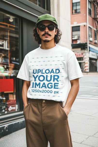 T-Shirt Mockup Featuring an AI-Created Bearded Man Posing in the Street With a Stylish Outfit m56393