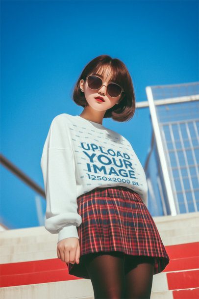 Sweatshirt Mockup Featuring an AI-Created Stylish Woman Posing in the Bleachers m56438