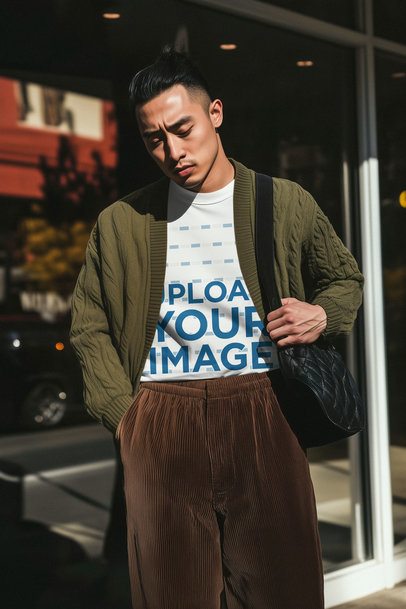 T-Shirt Mockup Featuring an AI-Created Man With a Stylish Outfit Standing on the Sidewalk m56442