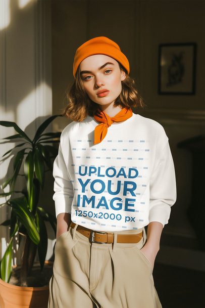 Sweatshirt Mockup of an AI-Generated Woman With a Stylish Look Posing in the Hall m56439