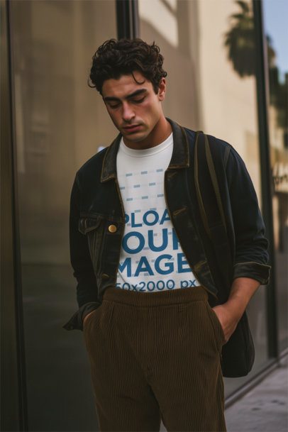 Round-Neck Tee Mockup of an AI-Created Man Posing in the Street With a Stylish Look m56441