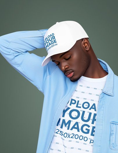 Dad Hat Mockup Featuring an AI-Created Man Wearing a Round-Neck Tee in a Studio